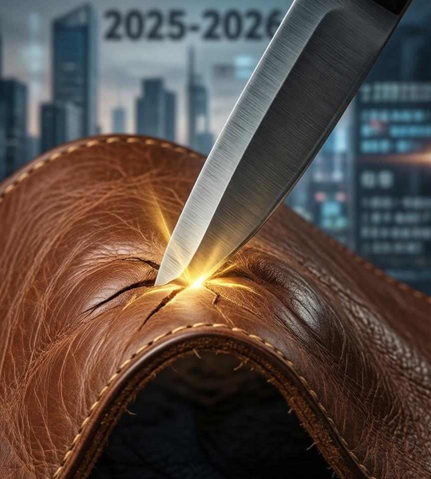 Close-up of tanned leather bending under a sharp blade without breaking, illustrating the meaning of the 2025 Chinese Character of the Year 'Ren' for resilience.
